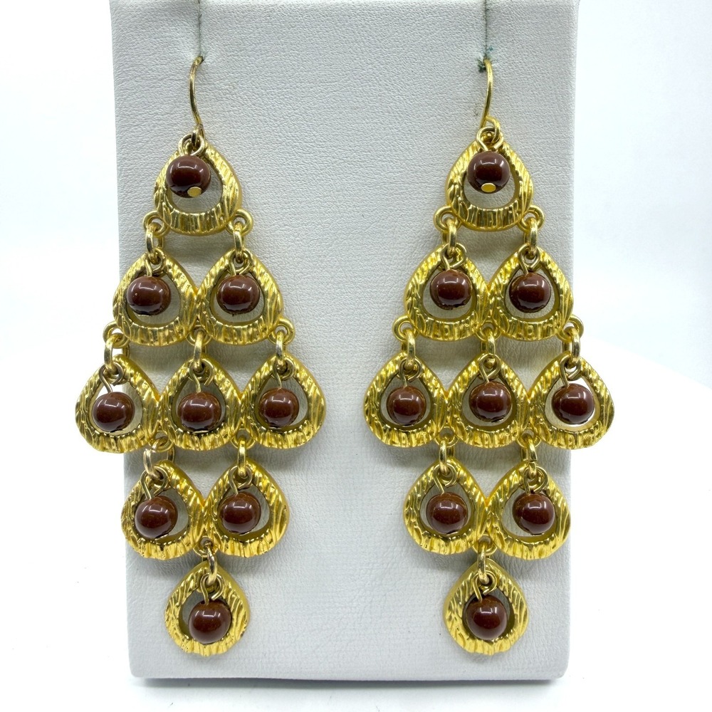 Gold Tone Chandelier Earrings Brown Bead Statement Dangle Boho Romantic Gift